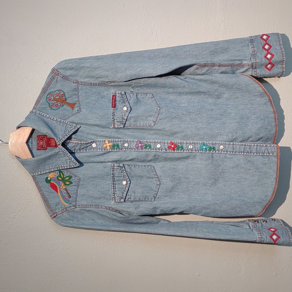 Lucky Brand RARE Dungarees Denim western shirt snap buttons jeans